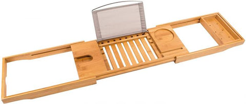 Bamboo Bathtub Caddy Tray  Luxury Spa Organizer with Folding Sides for Tablet, Smartphone, Wine, Book Holders