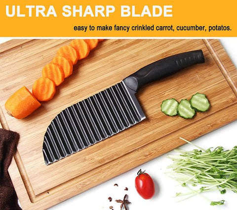 Crinkle Potato Cutter - 2.9" x 11.8" 420 Stainless Steel Waves French Fries Slicer, Save-effort Handheld Chipper Chopper, Vegetable Salad Chopping Knife Home Kitchen Wavy Blade Cutting Tool, Black