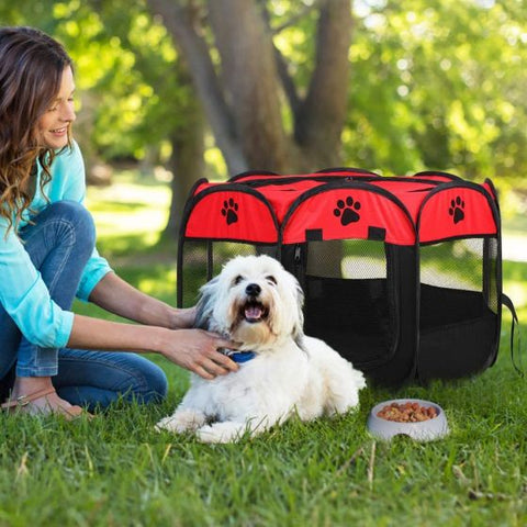Pet Portable Foldable Playpen, Dog/Cat/Puppy Exercise Pen Kennel, Removable Mesh Shade Cover (Red)