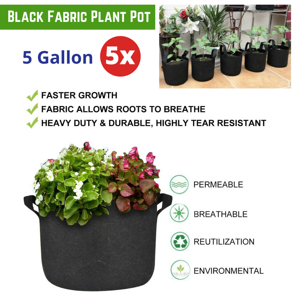 5x  Black Fabric Plant Pot Breathable with Handles 5 Gallon