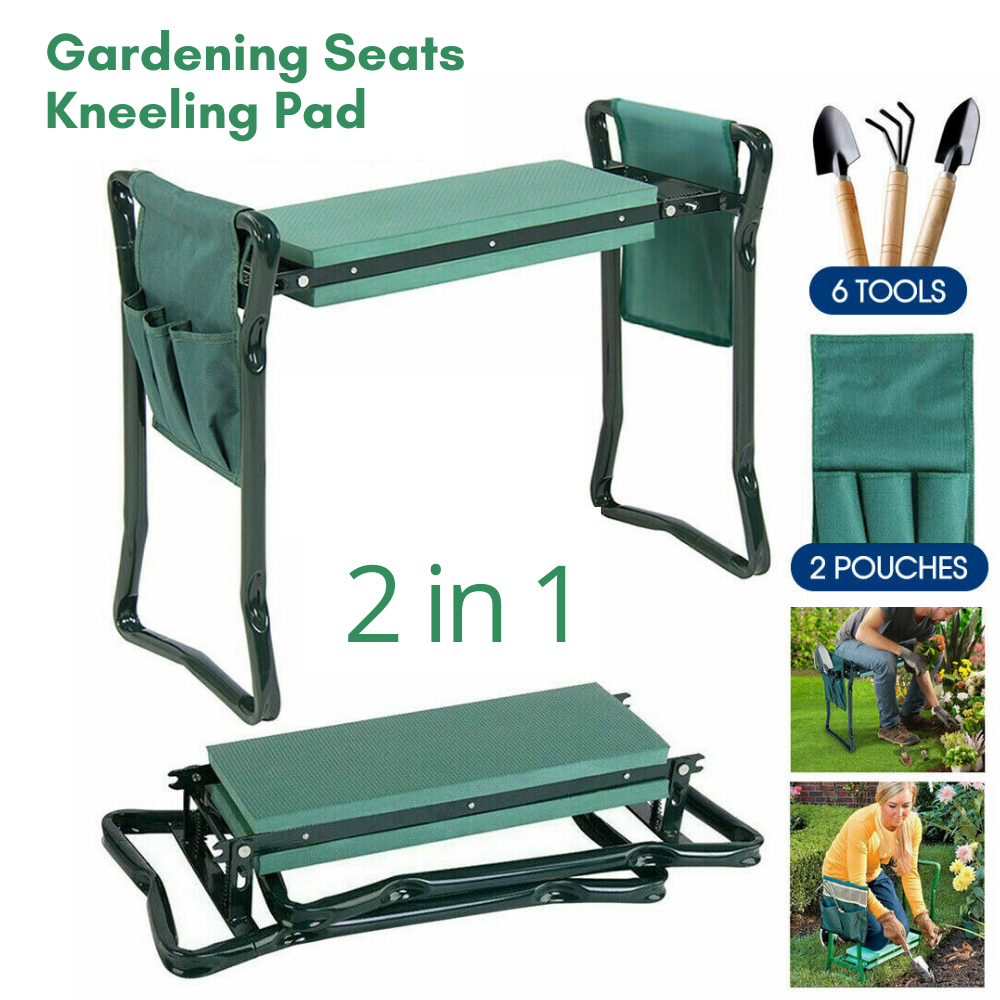 2 in1 GARDEN KNEELER PADDED PAD SEAT STOOL GARDENING WORK 6 TOOLS + 2 POUCHES