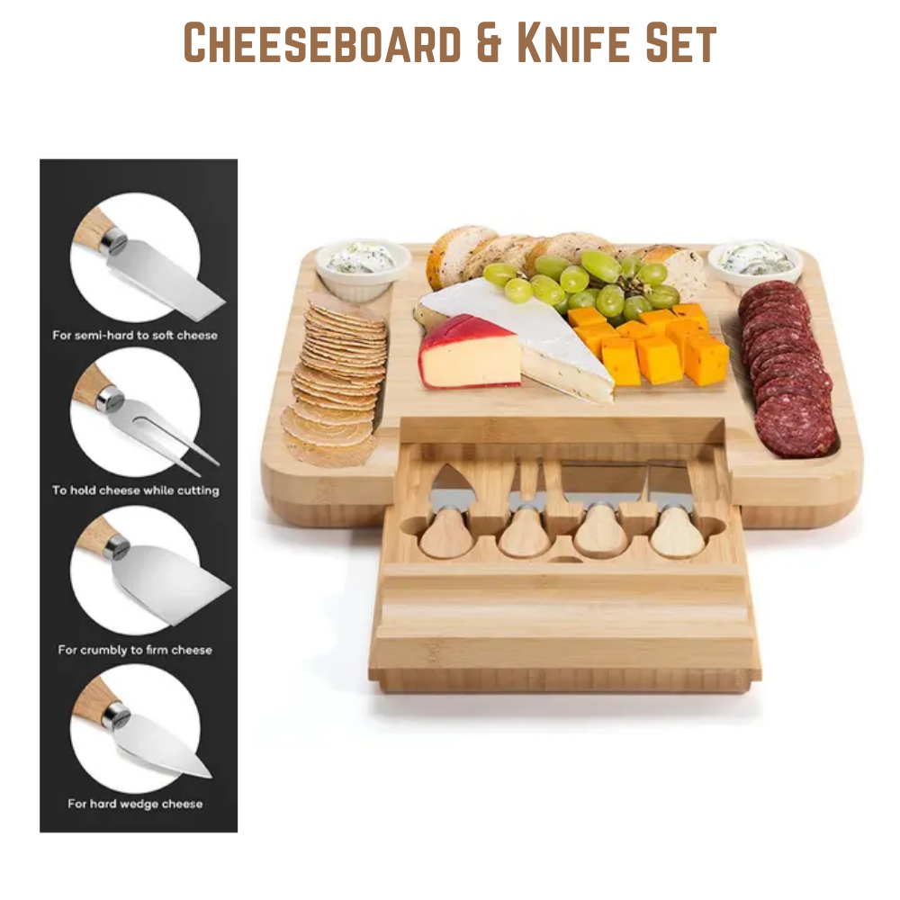 Bamboo Cheese Board & Knife Wooden Serving Cutting Chopping Boards & Knives
