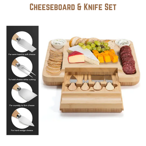 Bamboo Cheese Board & Knife Wooden Serving Cutting Chopping Boards & Knives