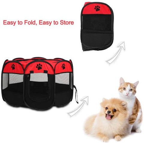 Pet Portable Foldable Playpen, Dog/Cat/Puppy Exercise Pen Kennel, Removable Mesh Shade Cover (Red)