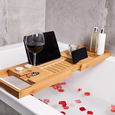 Bamboo Bathtub Caddy Tray  Luxury Spa Organizer with Folding Sides for Tablet, Smartphone, Wine, Book Holders