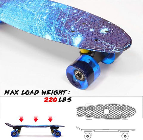 Mini Cruiser Skateboard, 56 cm, Plastic Complete Board, Retro Skateboard with ABEC-7 Ball Bearings and LED Light Wheels, Skateboard Kickboard for Children, Beginners, Teenagers