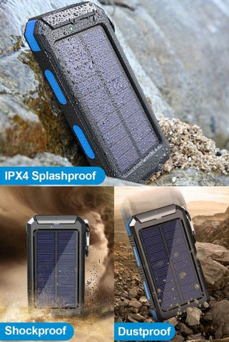 Solar Charger Solar Power Bank 20000mAh Waterproof Portable External Backup Outdoor Cell Phone Battery Charger with Dual LED Flashlights Solar Panel Compatible with All Smartphone (Black & Blue)