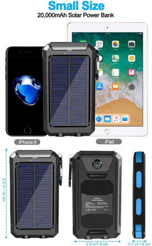 Solar Charger Solar Power Bank 20000mAh Waterproof Portable External Backup Outdoor Cell Phone Battery Charger with Dual LED Flashlights Solar Panel Compatible with All Smartphone (Black & Blue)