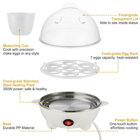 Electric Egg Cooker Boiler Maker Soft, Medium or Hard Boil, 7 Egg Capacity noise free technology Automatic Shut Off, white