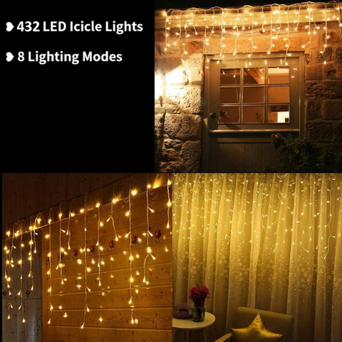 10M 432Led 8 Modes Icicle String Lights with 72 Drops, Window Curtain Fairy Icicle Lights, Icicle Fairy Twinkle Lights for Christmas, Party, Holiday (Warm White)