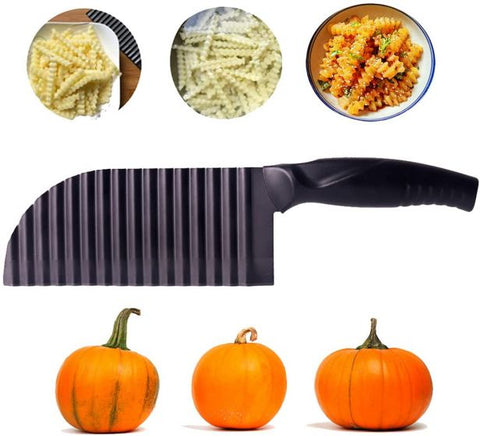 Crinkle Potato Cutter - 2.9" x 11.8" 420 Stainless Steel Waves French Fries Slicer, Save-effort Handheld Chipper Chopper, Vegetable Salad Chopping Knife Home Kitchen Wavy Blade Cutting Tool, Black