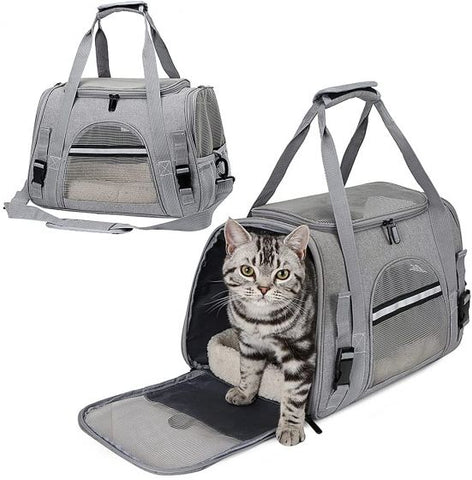 Cat Carrier Bag Portable Foldable Dog Transport Bag Breathable Cat Transport Cage with Comfortable Mattress for Travel Outdoor Kitten Rabbit Guinea Pig Dog (Gray)
