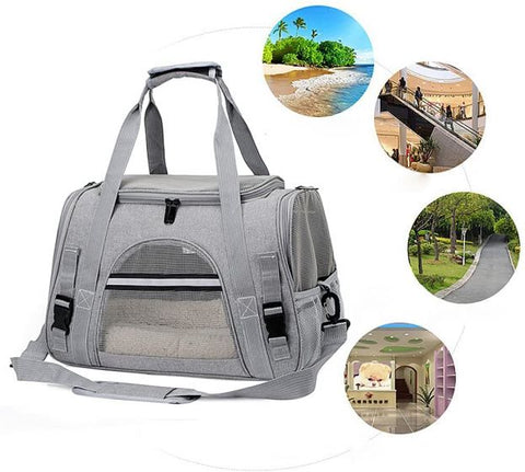 Cat Carrier Bag Portable Foldable Dog Transport Bag Breathable Cat Transport Cage with Comfortable Mattress for Travel Outdoor Kitten Rabbit Guinea Pig Dog (Gray)