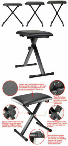 Portable Piano Stool Adjustable 3 Way Folding Keyboard Seat Bench Chair Black