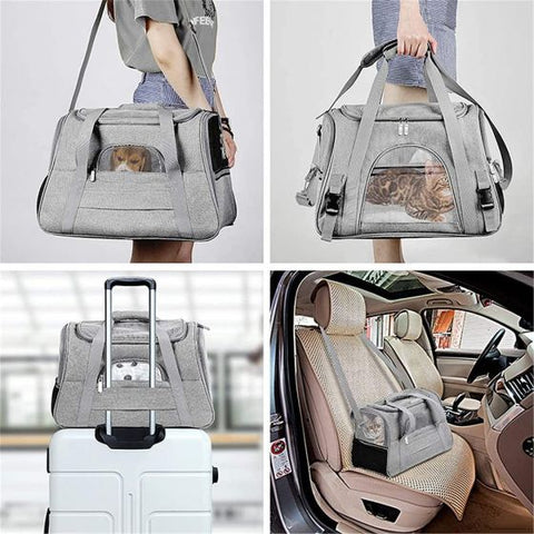 Cat Carrier Bag Portable Foldable Dog Transport Bag Breathable Cat Transport Cage with Comfortable Mattress for Travel Outdoor Kitten Rabbit Guinea Pig Dog (Gray)