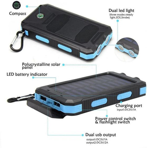 Solar Charger Solar Power Bank 20000mAh Waterproof Portable External Backup Outdoor Cell Phone Battery Charger with Dual LED Flashlights Solar Panel Compatible with All Smartphone (Black & Blue)