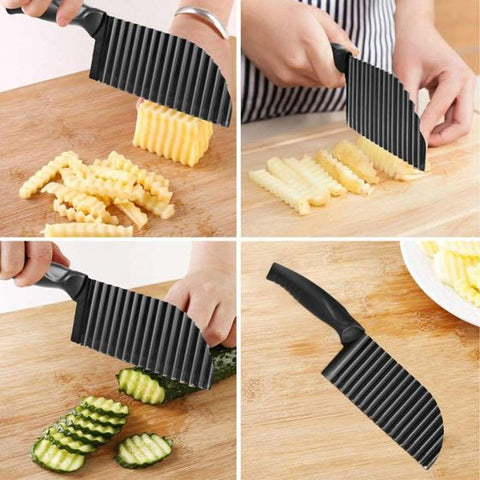 Crinkle Potato Cutter - 2.9" x 11.8" 420 Stainless Steel Waves French Fries Slicer, Save-effort Handheld Chipper Chopper, Vegetable Salad Chopping Knife Home Kitchen Wavy Blade Cutting Tool, Black