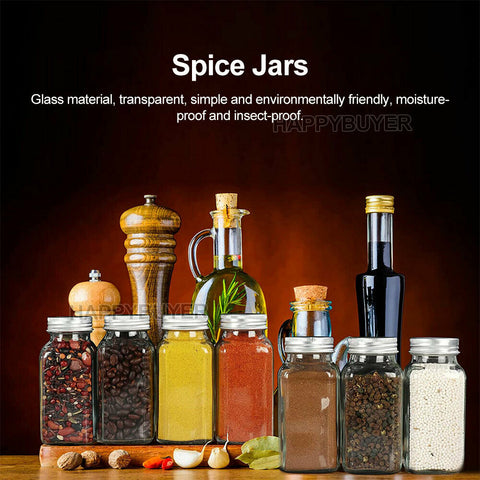12x Clear Square Glass Jars Lid Spice Herb Seasoning Condiment Storage Container