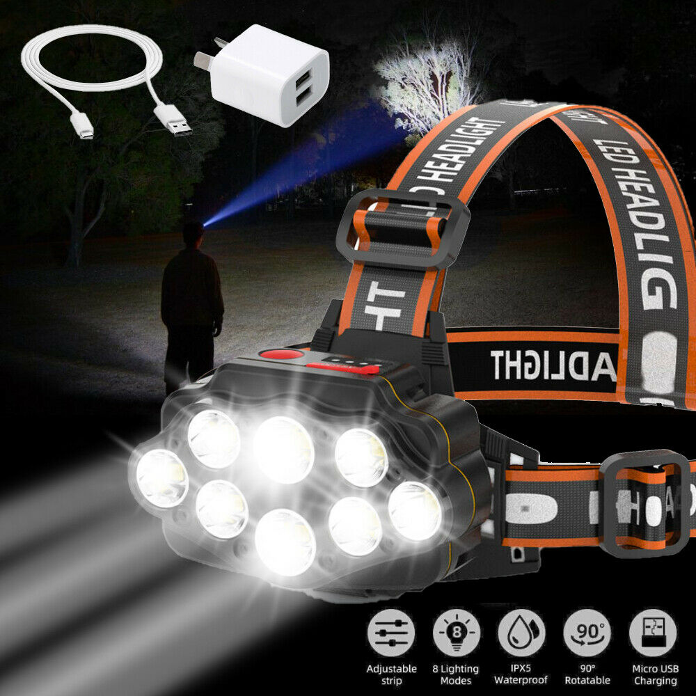 8 LED T6 Headlamp Headlight Torch Rechargeable Flashlight Work Light