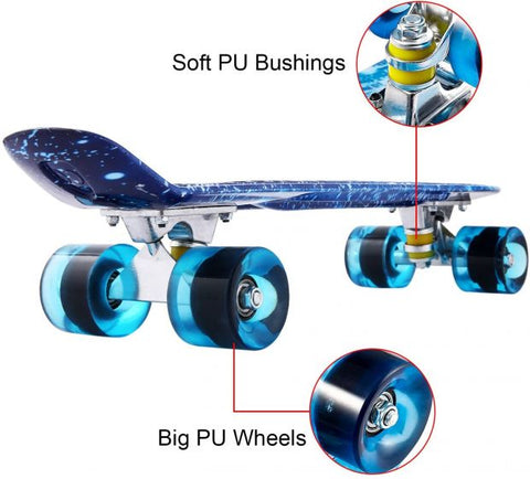 Mini Cruiser Skateboard, 56 cm, Plastic Complete Board, Retro Skateboard with ABEC-7 Ball Bearings and LED Light Wheels, Skateboard Kickboard for Children, Beginners, Teenagers