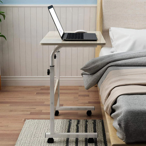 EZONEDEAL Adjustable C-Shape Portable Sofa Bed Side Table Laptop Desk with Wheels for Small Space (Beech Wood Color)