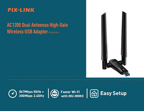 PIX-LINK AC1200 Wireless USB Wifi Adapter 2.4G&5G Network Card Dual Antennas High-Gain Wifi Reveiver USB 3.0 For PC Home Use