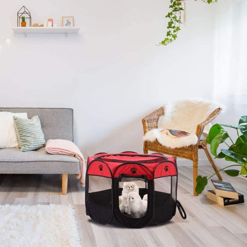 Pet Portable Foldable Playpen, Dog/Cat/Puppy Exercise Pen Kennel, Removable Mesh Shade Cover (Red)