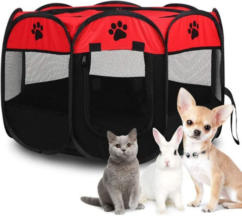 Pet Portable Foldable Playpen, Dog/Cat/Puppy Exercise Pen Kennel, Removable Mesh Shade Cover (Red)