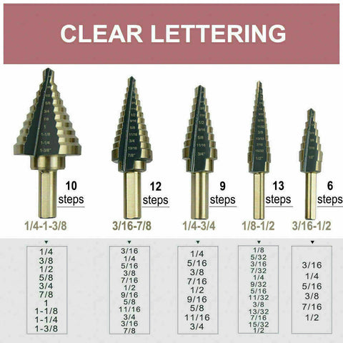 5PCS HSS Step Steel Cone Drill Titanium Bits Set Kit Hole Cutter + Aluminum Case