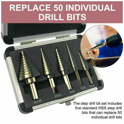 5PCS HSS Step Steel Cone Drill Titanium Bits Set Kit Hole Cutter + Aluminum Case