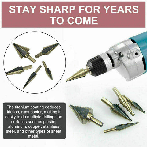 5PCS HSS Step Steel Cone Drill Titanium Bits Set Kit Hole Cutter + Aluminum Case
