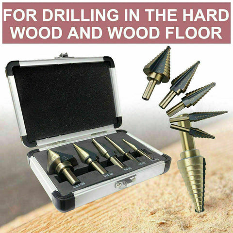 5PCS HSS Step Steel Cone Drill Titanium Bits Set Kit Hole Cutter + Aluminum Case