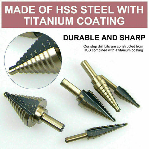 5PCS HSS Step Steel Cone Drill Titanium Bits Set Kit Hole Cutter + Aluminum Case