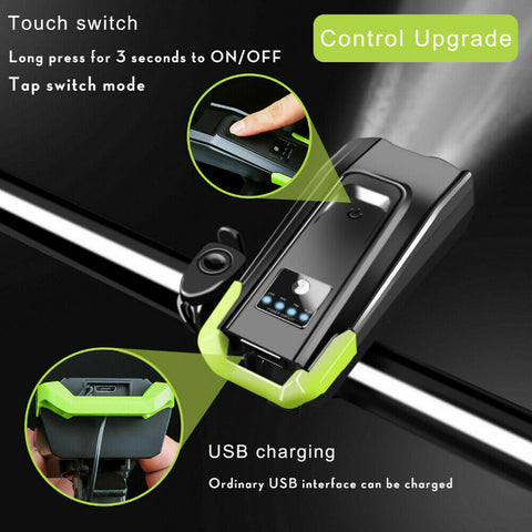 USB Rechargeable 15000LM Bicycle Bike Smart Front Light 2*T6 LED 6 Modes w/ Horn
