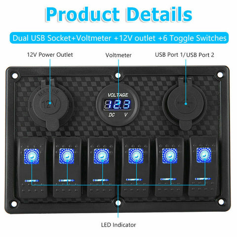 12V 6 Gang Switch Panel LED Light Rocker Circuit Breaker For Car RV Boat Marine