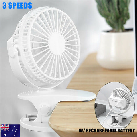 Portable Desk Fan Mini Usb Rechargeable Quiet Cooler Table Clip Pram Cooling