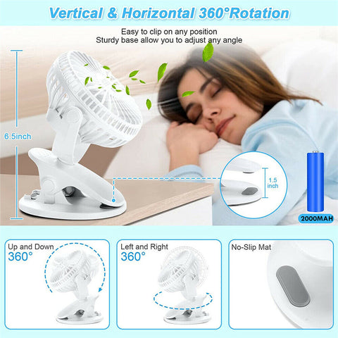 Portable Desk Fan Mini Usb Rechargeable Quiet Cooler Table Clip Pram Cooling