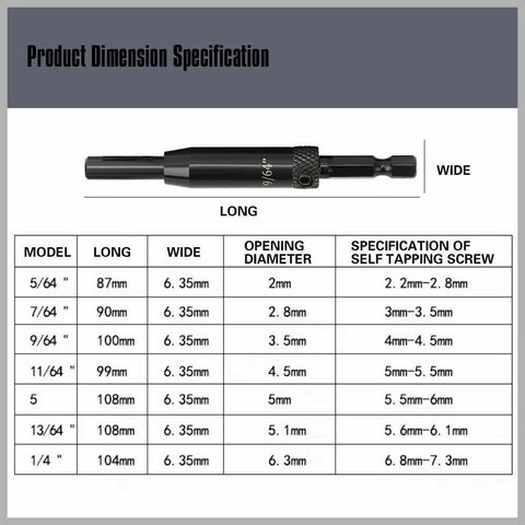 7-Piece Centre Drill Bits Set Self Centering Hinge Hole Drilling 1/4" Hex Shank