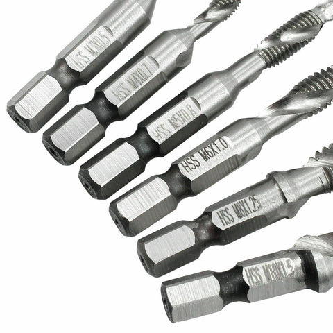 6X HSS Hex Shank Tap Drill Bits Metric Thread Screw Compound Tapping Set Tool