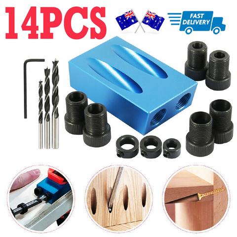 14PCS 15° Pocket Hole Screw Jig Dowel Drill Set Wood Tool kit Angle Hole Locator