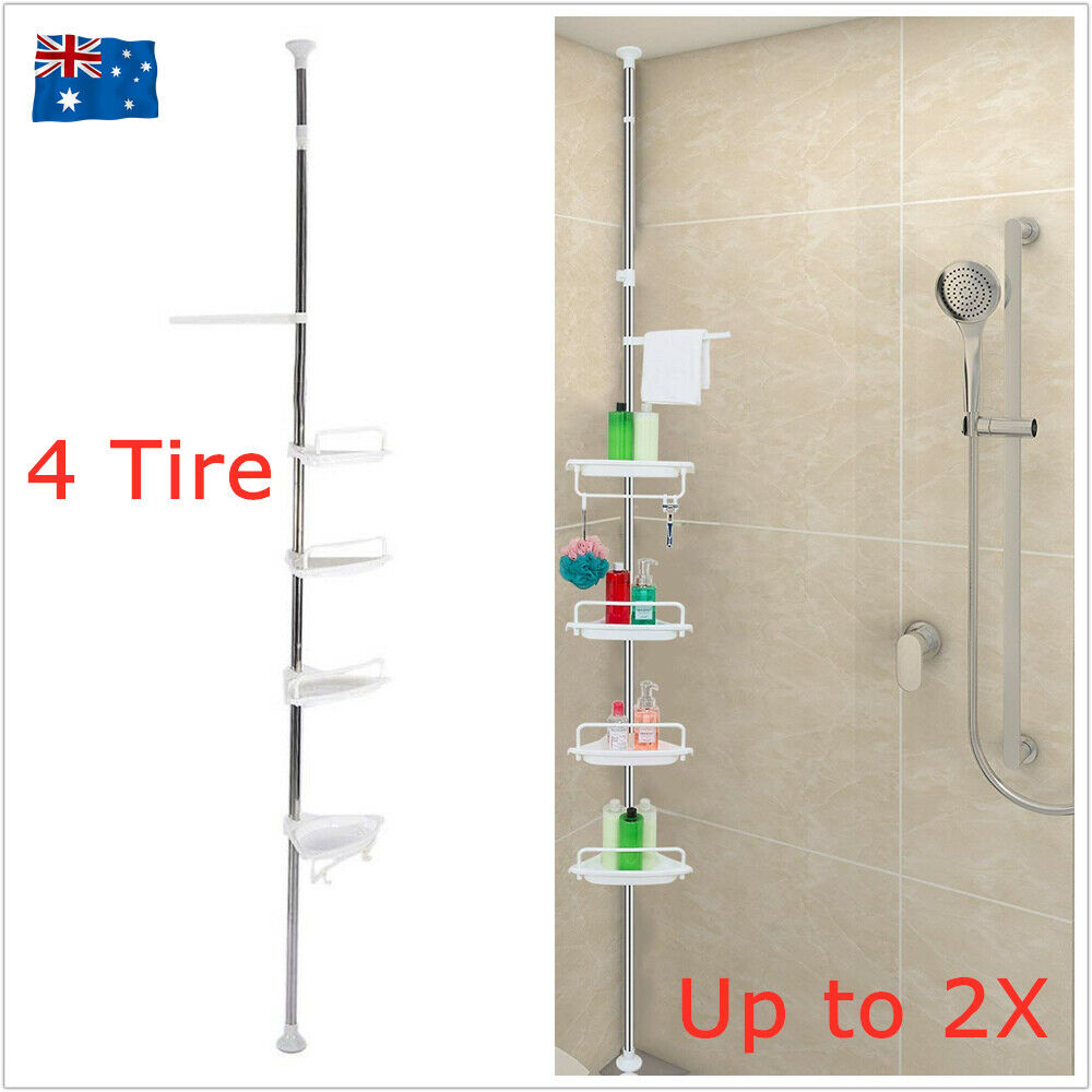 Telescopic Spring Tension Pole 4 Shelf Corner Bath Shower Rack Caddy Organiser