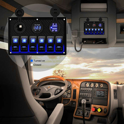 12V 6 Gang Switch Panel LED Light Rocker Circuit Breaker For Car RV Boat Marine