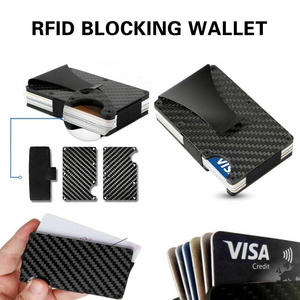 Men Slim Carbon Fiber Credit Card Holder RFID Blocking Metal Wallet Clip
