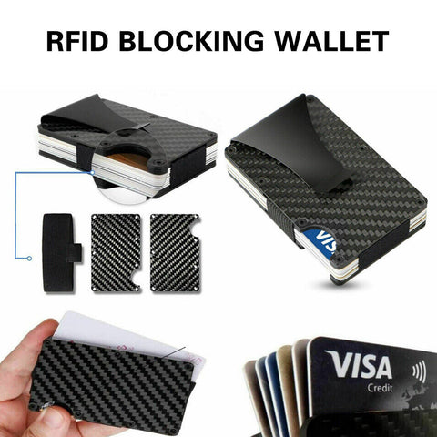 Men Slim Carbon Fiber Credit Card Holder RFID Blocking Metal Wallet Clip