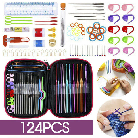 Aluminum Crochet Hooks Kit 124PCS Weave Yarn Knitting Needles Sewing Tools Case