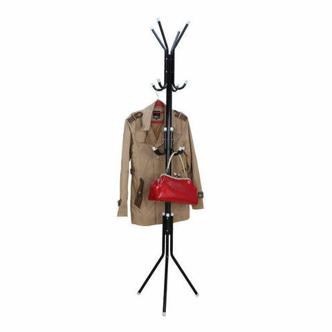 12 Hook Coat Hanger Stand 3-Tier Hat Clothes Rack Metal Tree Style Storage Black