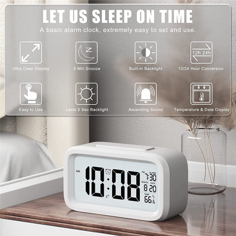 Battery Operated LED Display Digital Alarm Clock Snooze Date Temperature Snooze