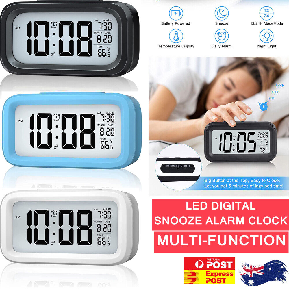 Battery Operated LED Display Digital Alarm Clock Snooze Date Temperature Snooze