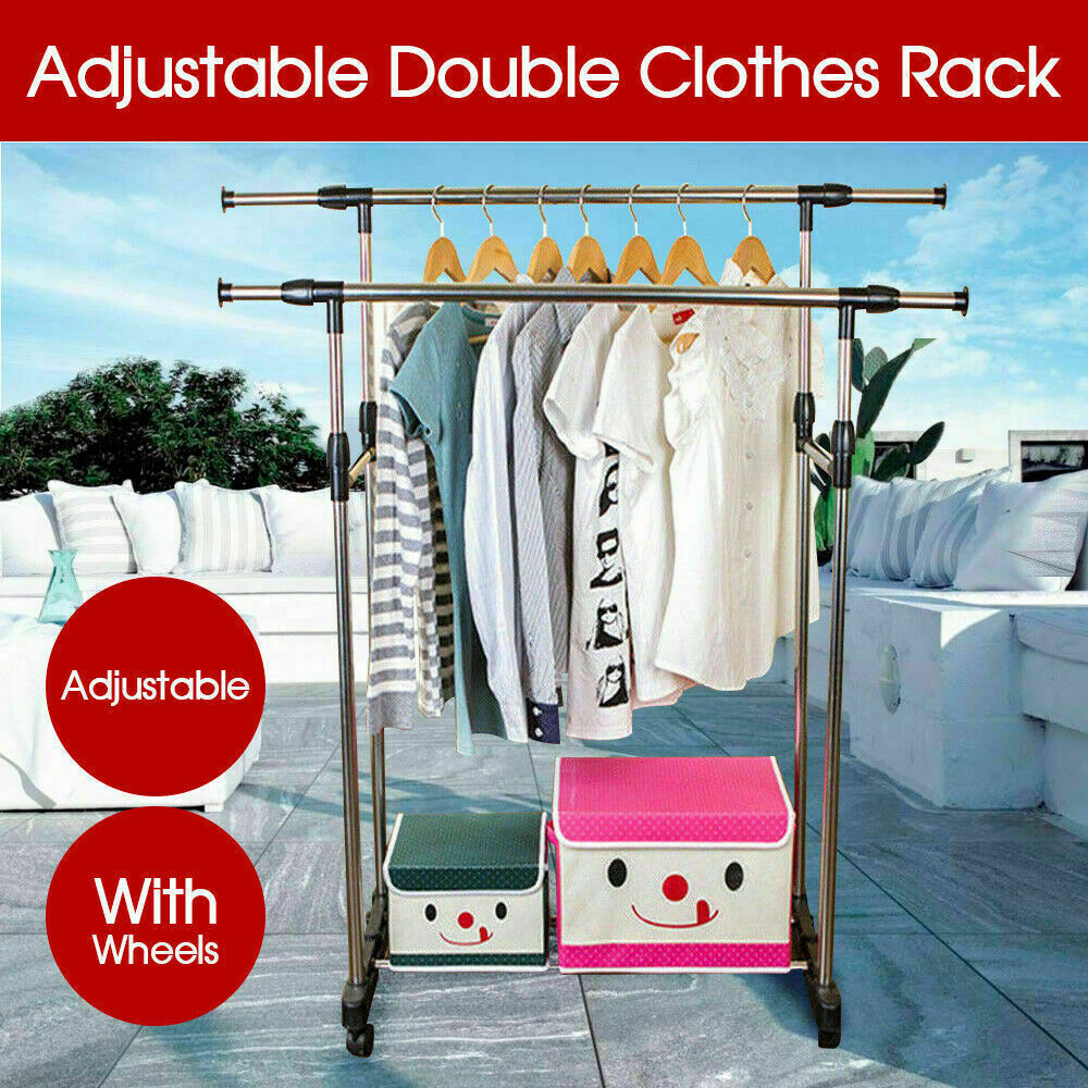 Clothes Rack Double Stainless Shelf Hanger Garment Holder Adjustable Coat