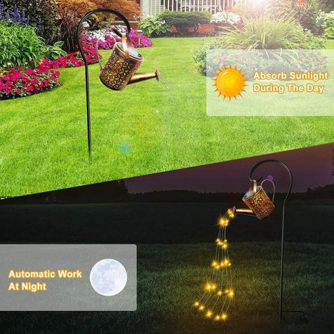 Solar LED Watering Can String Light Shower Outdoor Garden Art Tree Decor Lamp